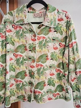 Life Style Woman Plus Size 2X Tropical Flamingo Shirt Jacket Cotton Linen VTG